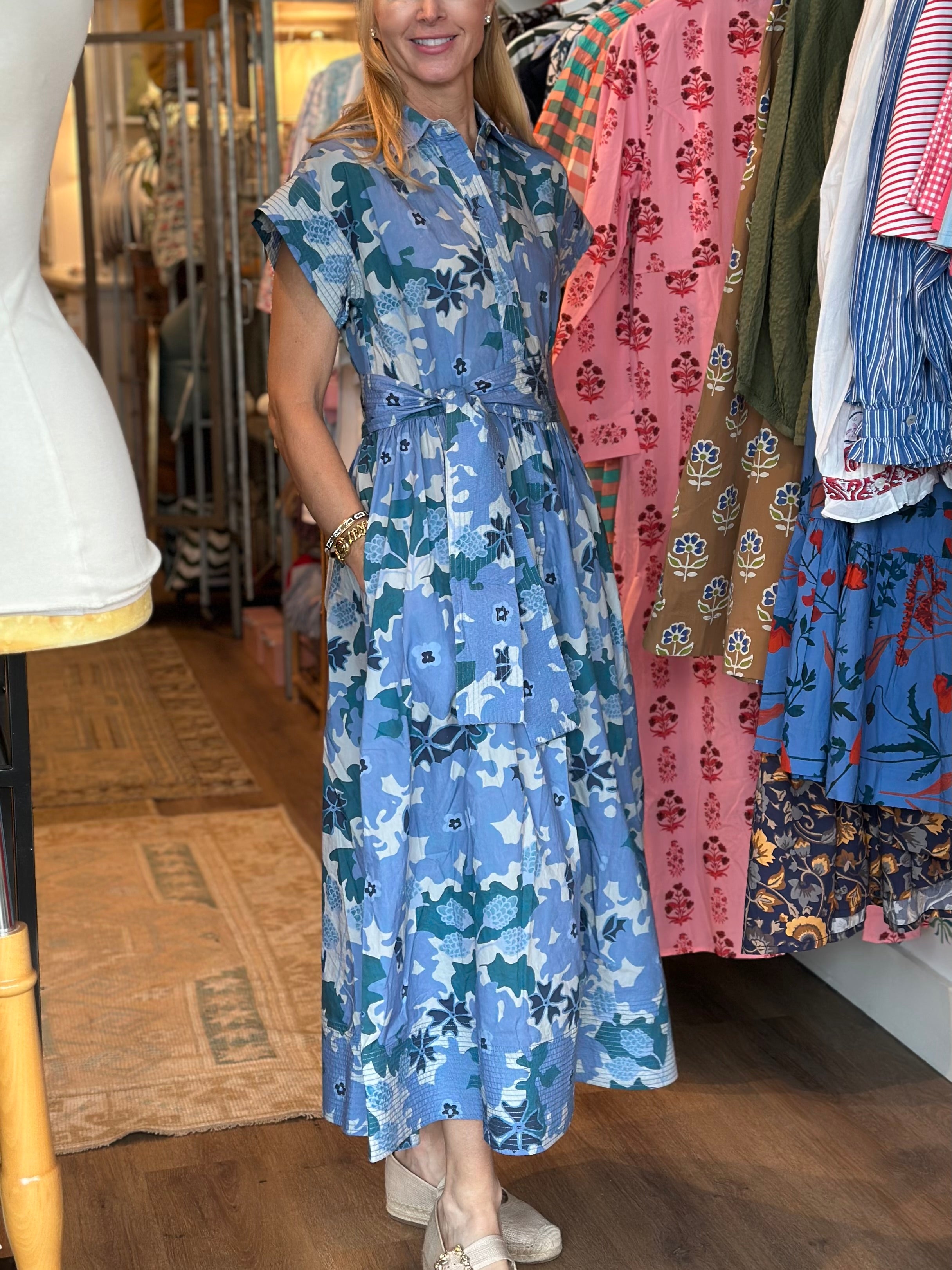 Belted Shirt Dress- Suzani Blue