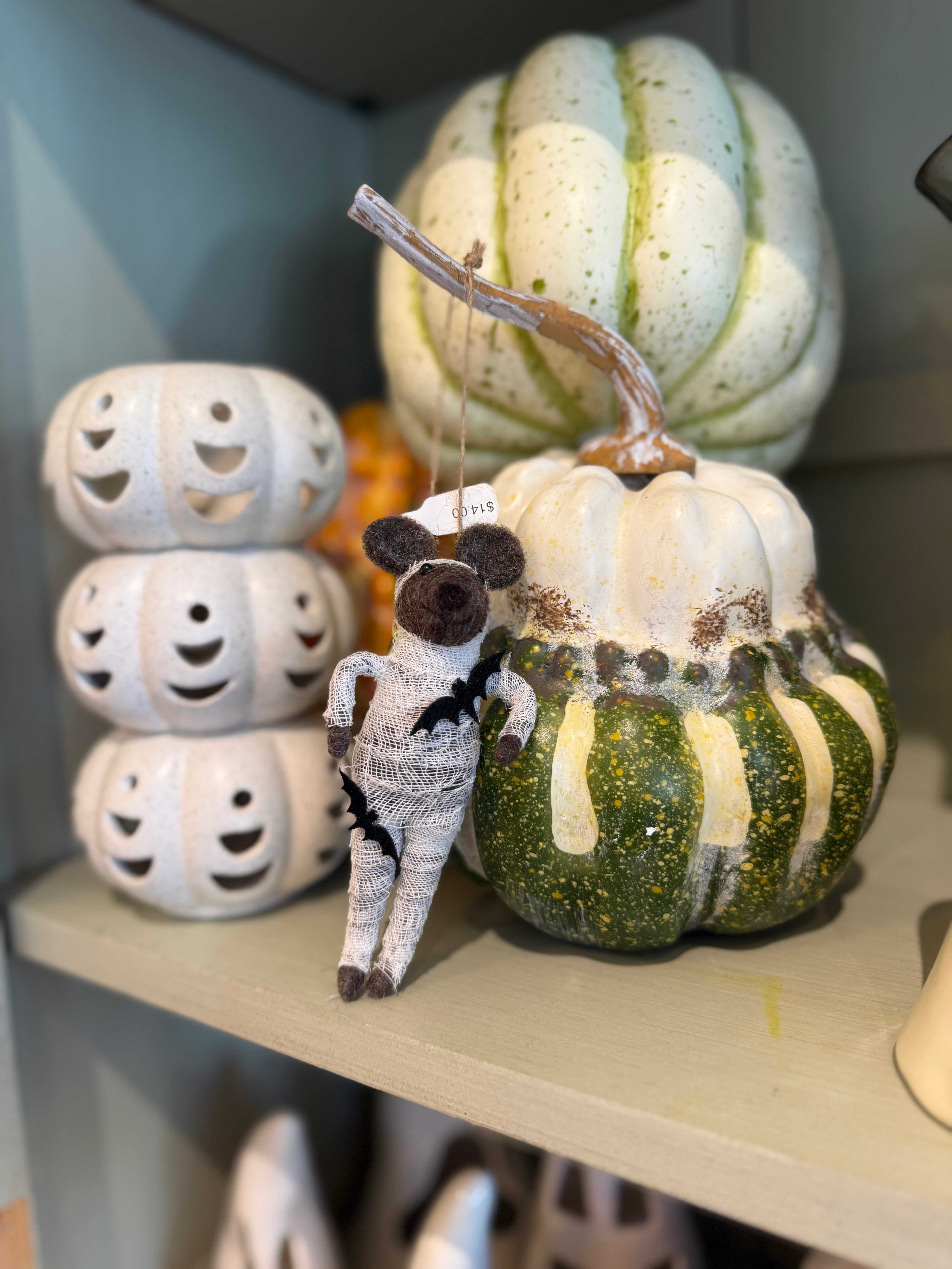 grey felt mouse in mummy outfit