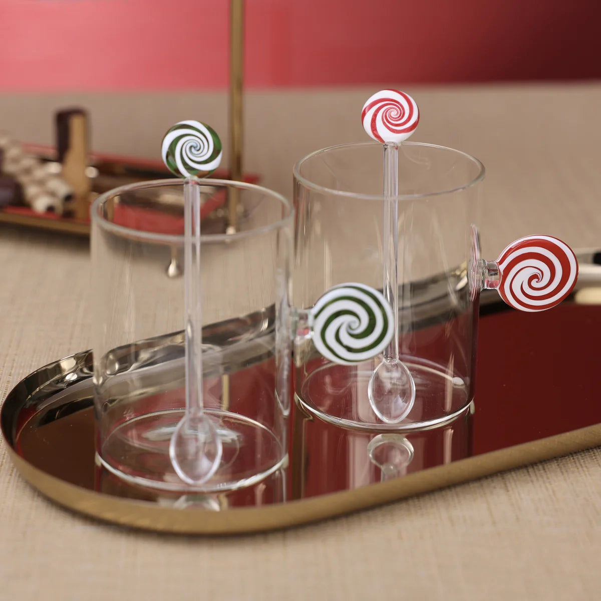 Glass Swirl Spoons With Red / White Candy