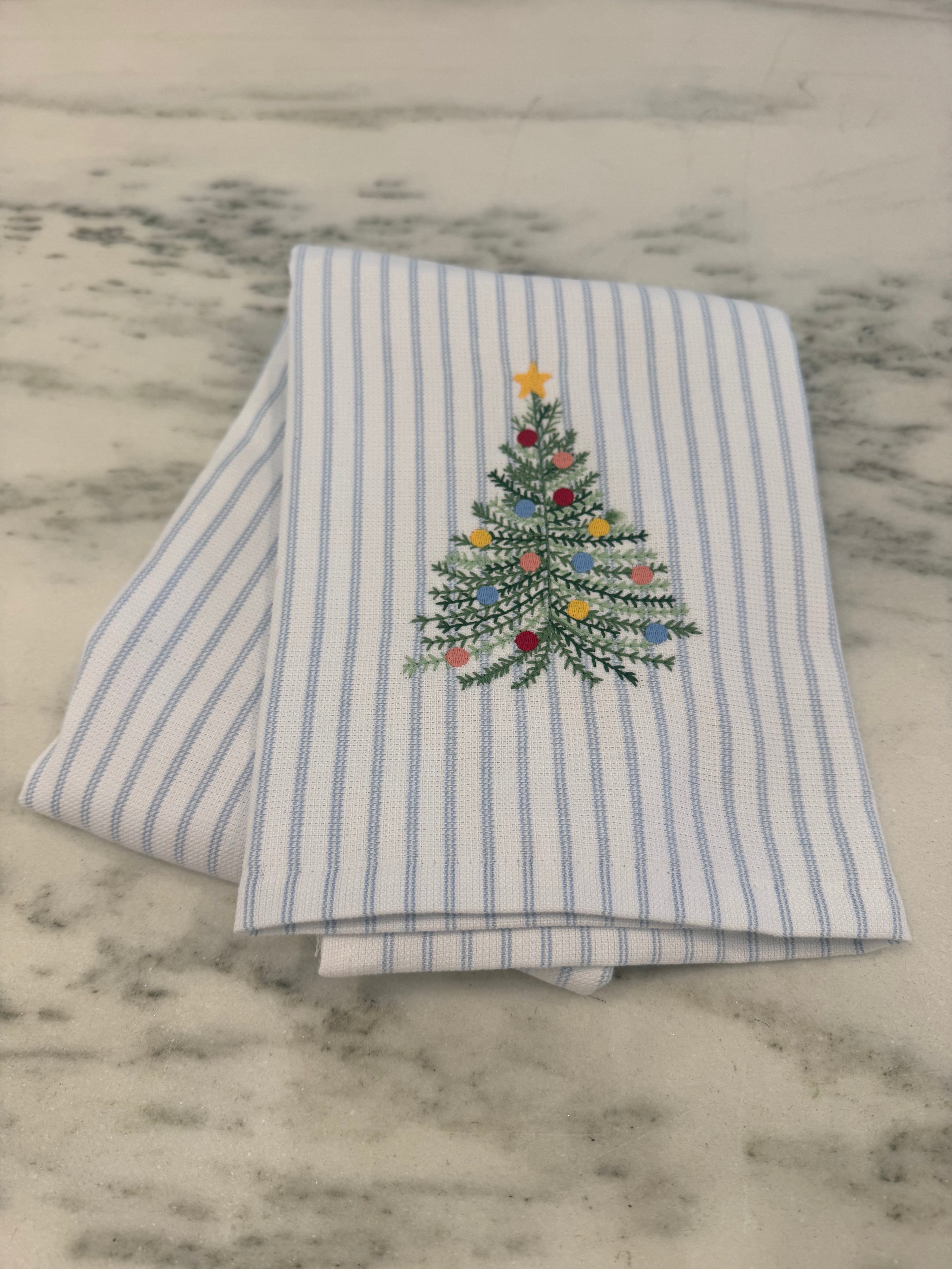 Blue Stripe with Tree Holiday Kitchen Towel