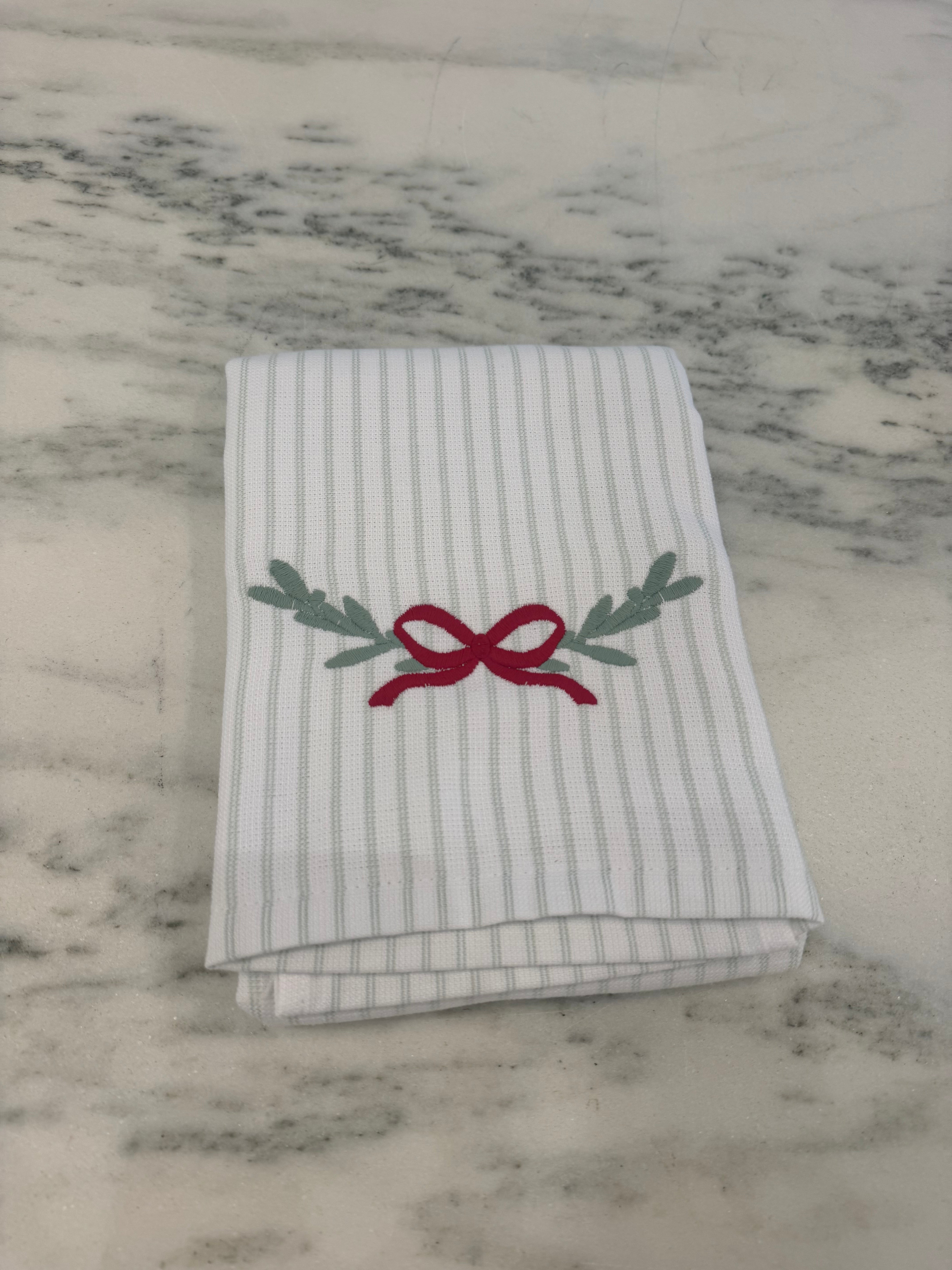 Green Stripe with Bow Holiday Kitchen Towel