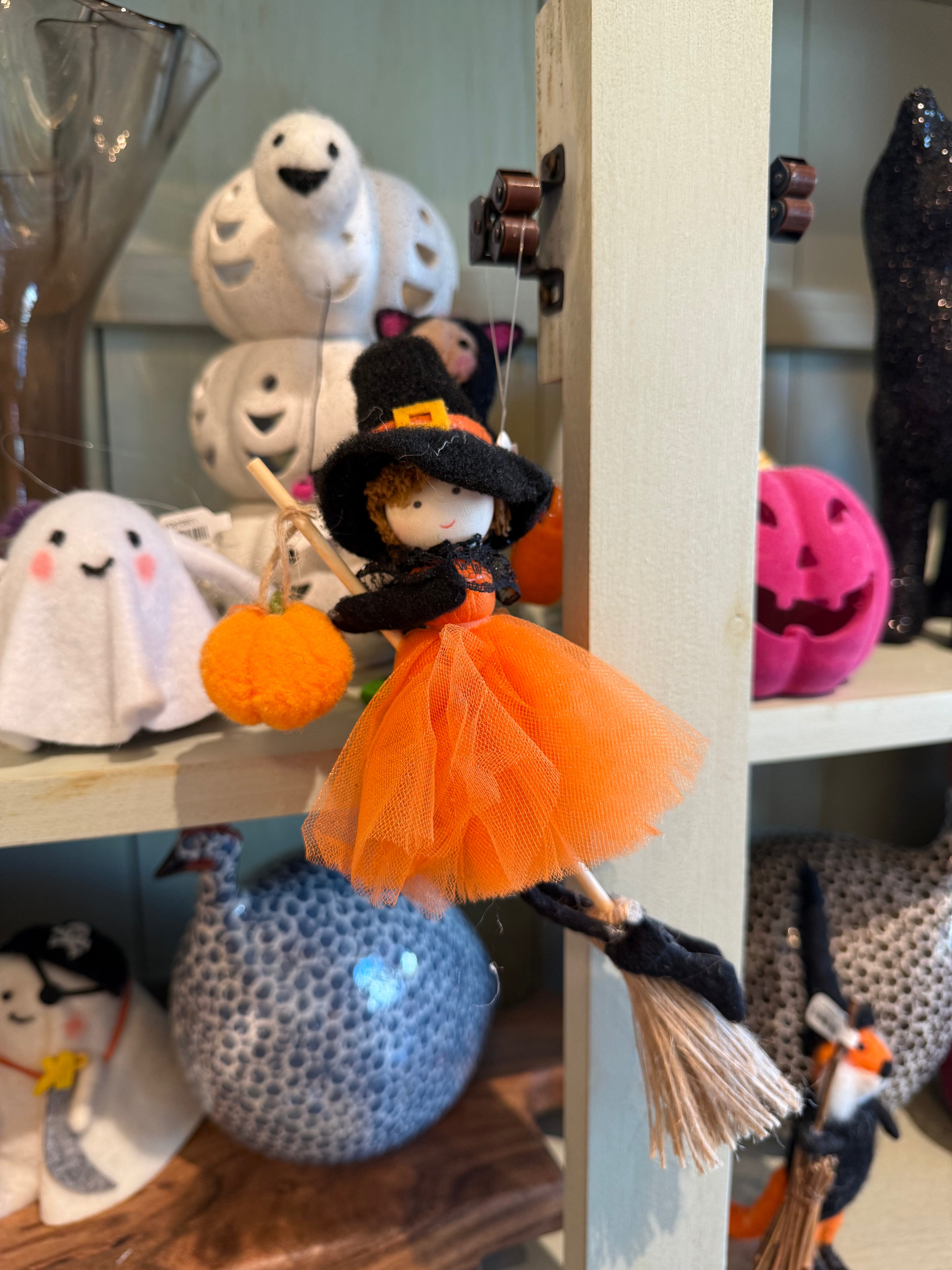 fabric witches on broomsticks ornament