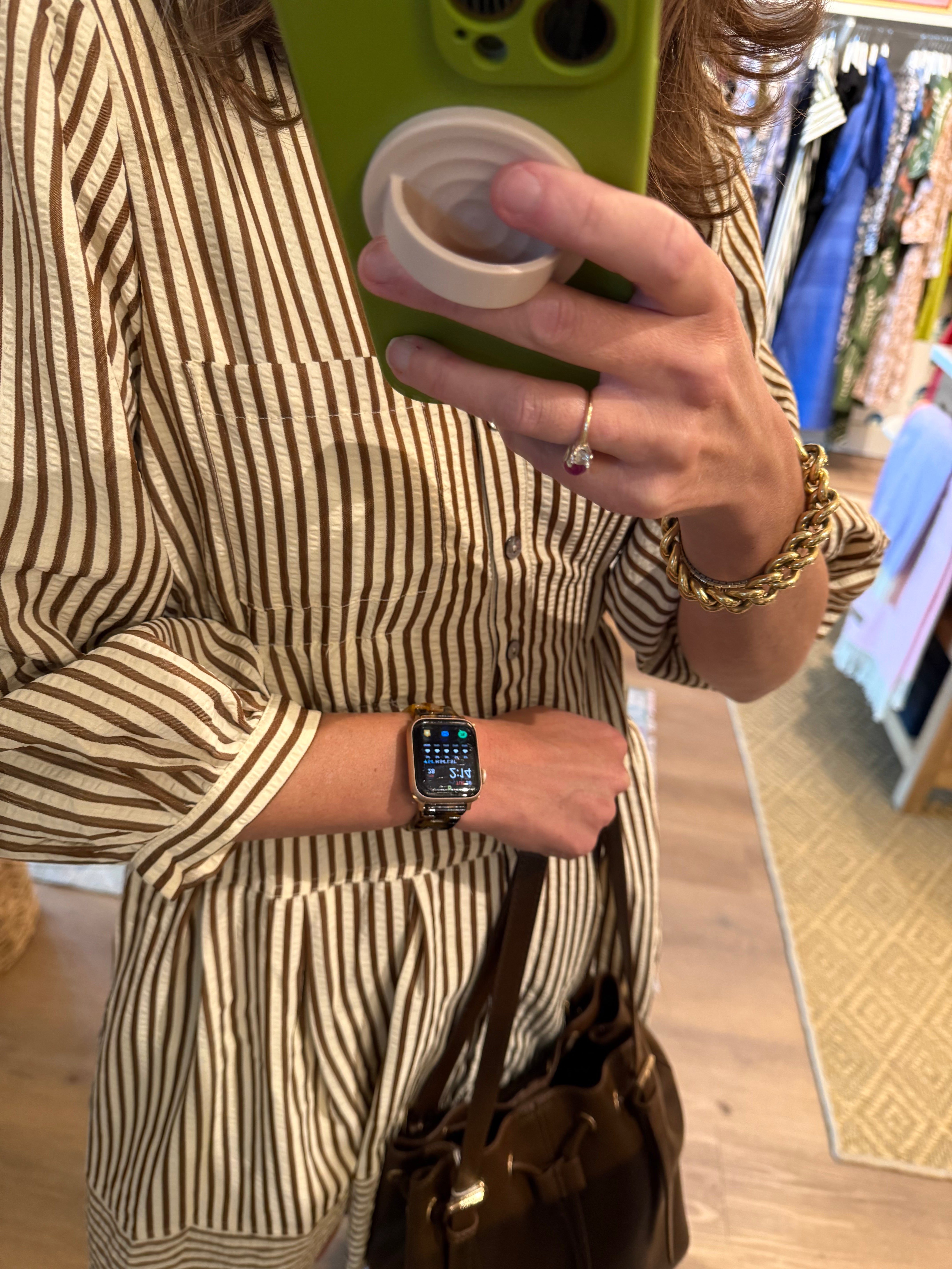 Brown and White Striped Long Sleeve Dress