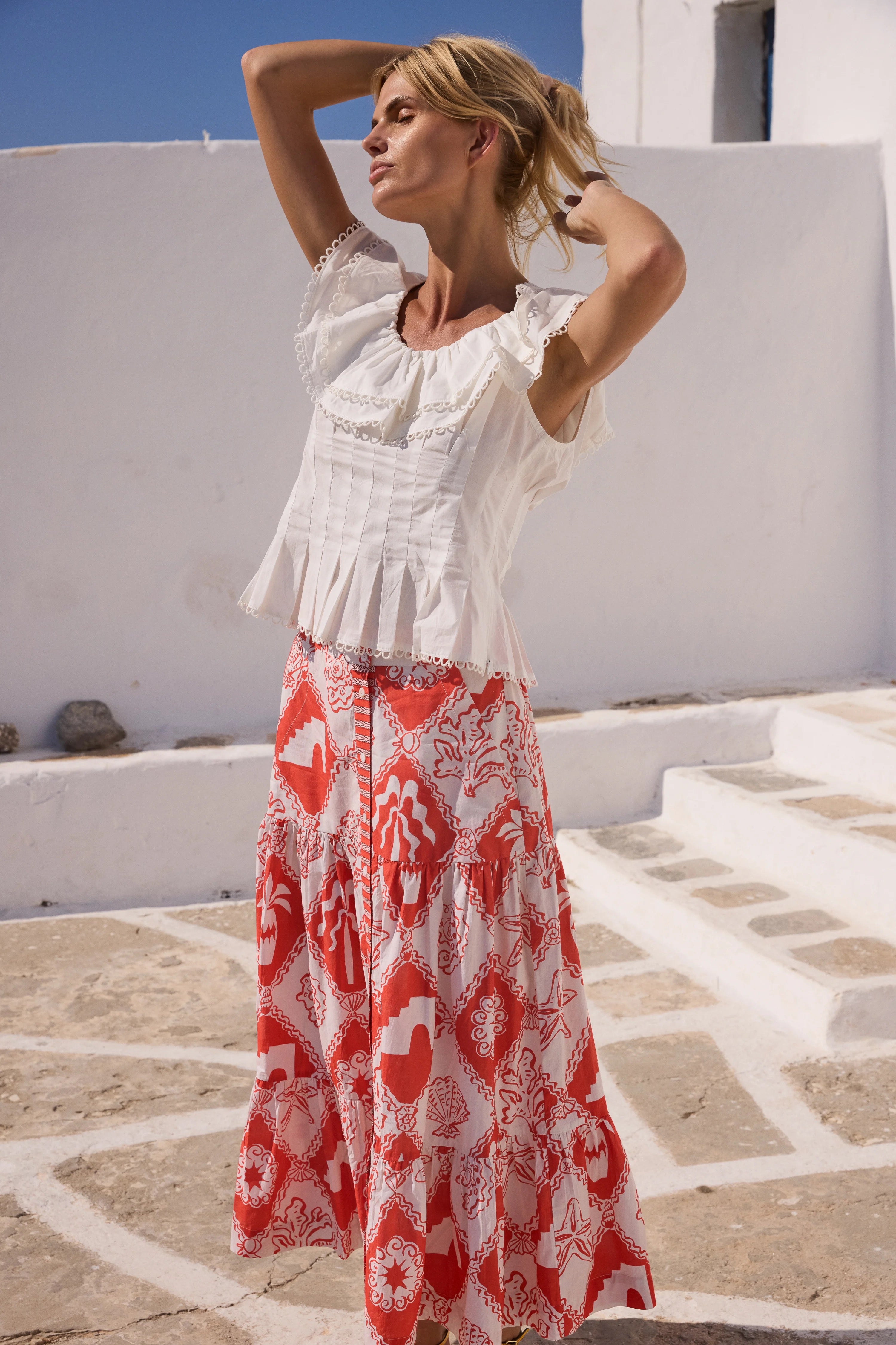 BUTTON FRONT SKIRT- ASTERIAS RED