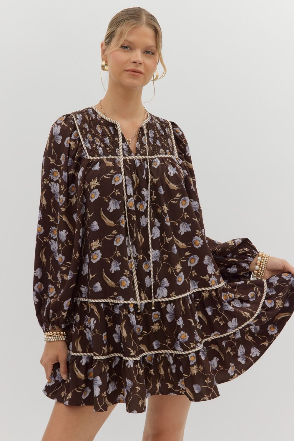 Brown Floral Dress with Ties