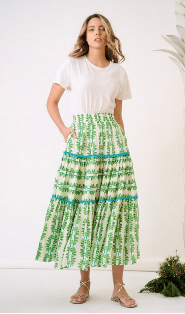Triple Tiered Maxi Skirt- Palm Leaf