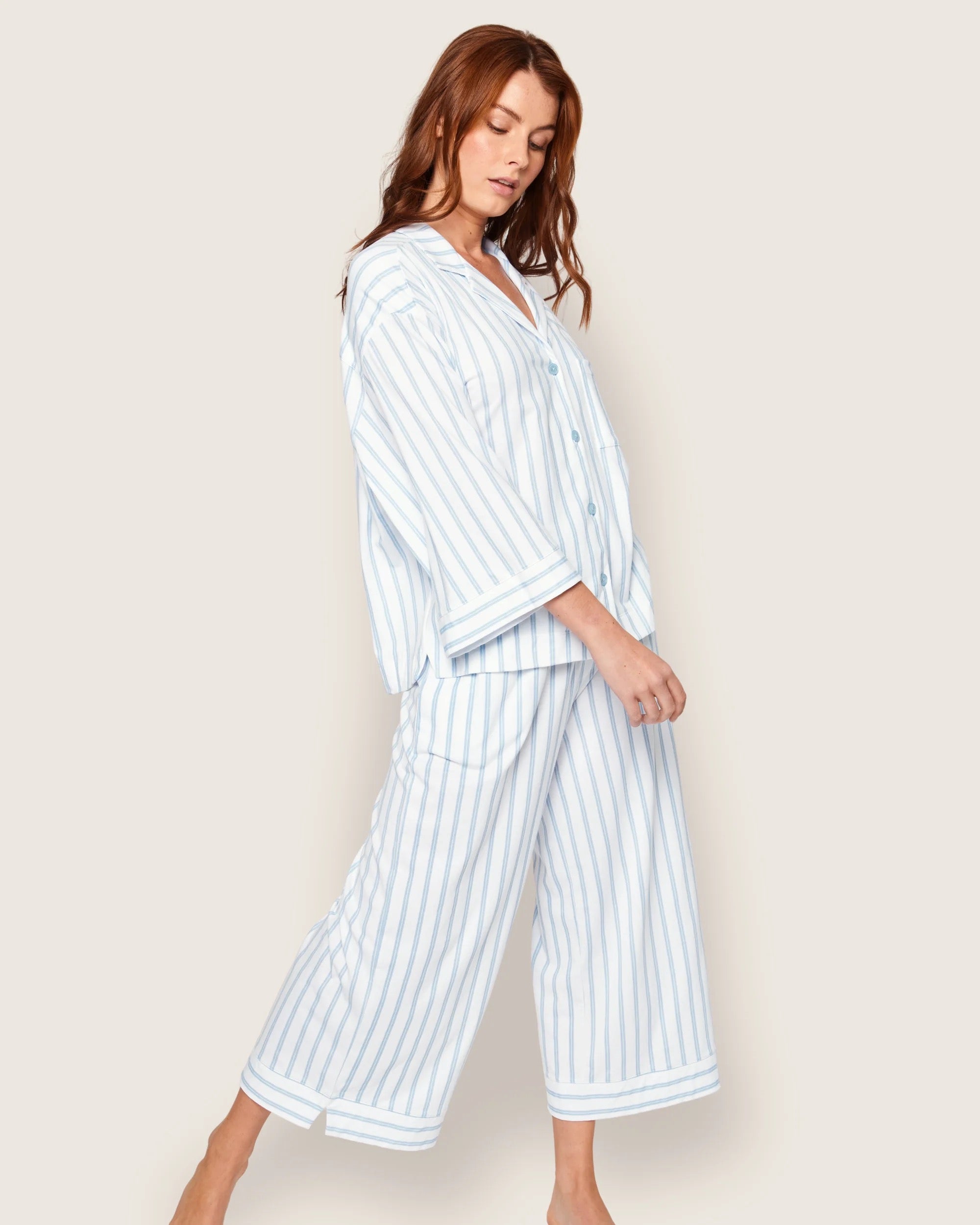 The Olivia Wide Leg Pima Pajama Set in Periwinkle Stripe