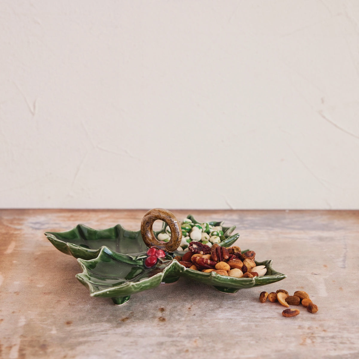 Ceramic Holly Leaf Shaped Dish with 4 Sections & Handle