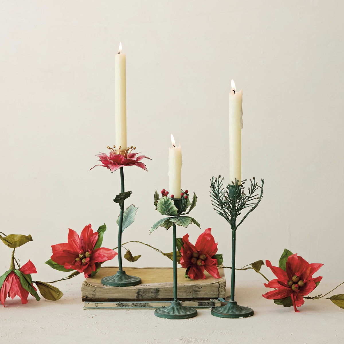 Painted Metal Holly Leaf Shaped Taper Holder