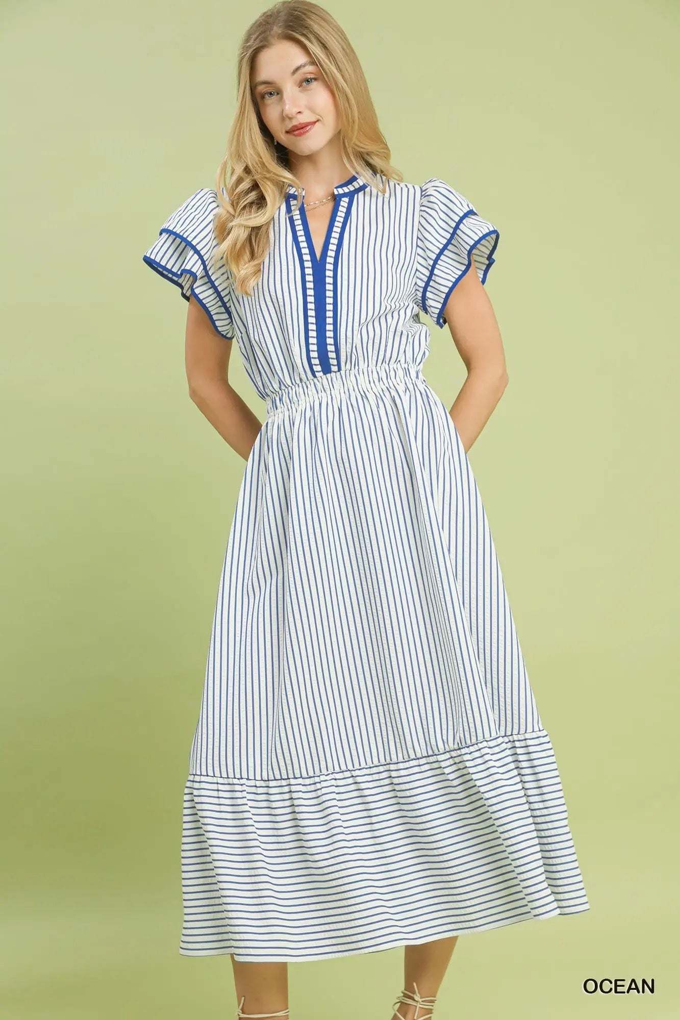 Striped Flutter Sleeve Midi Dress