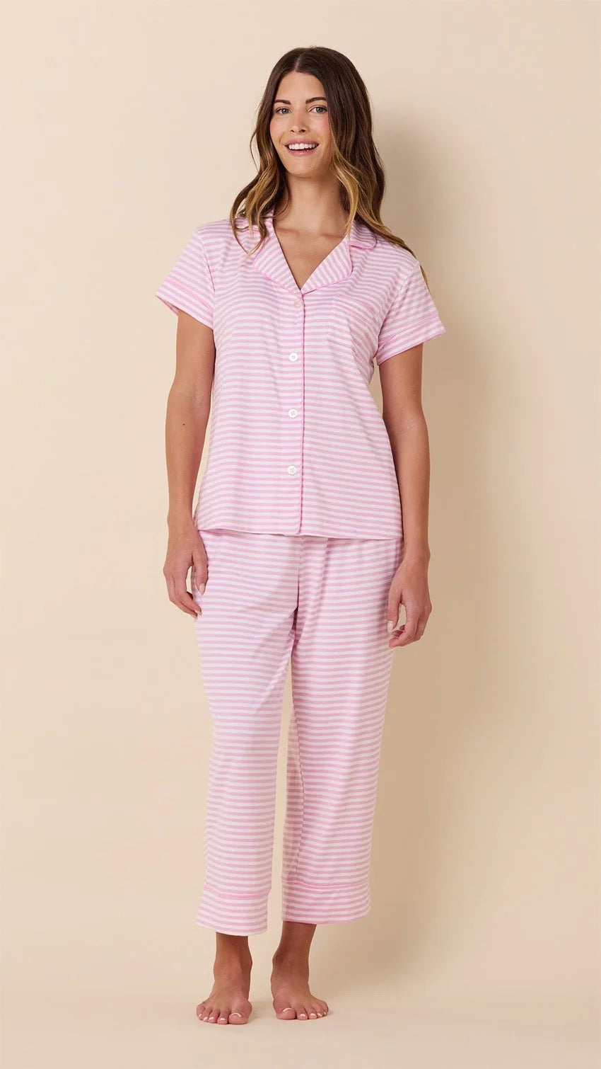 Essential Stripe Pima Knit Capri Set- Pink Moment