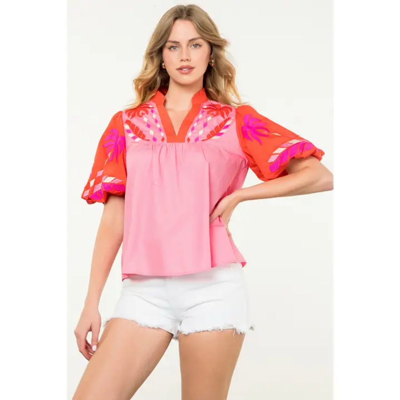Puff Sleeve Embroidered v-neck top