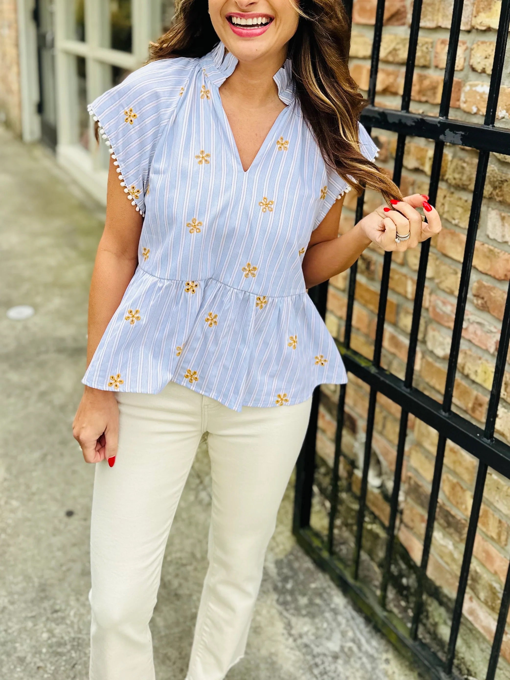 Striped Embroidered Detail Top