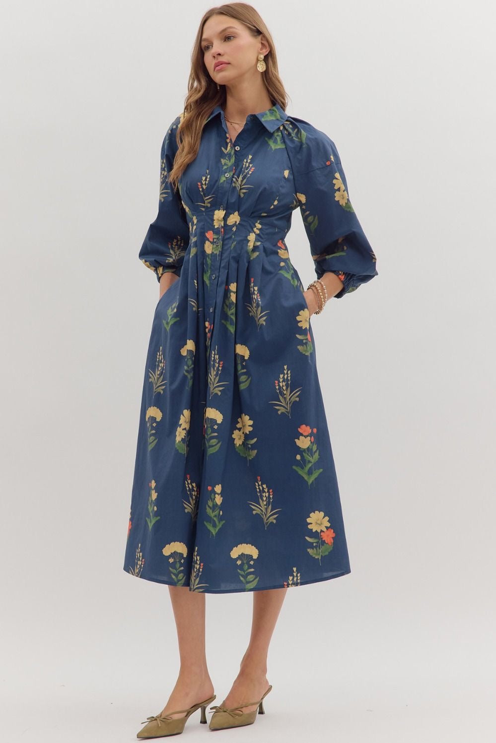 Navy Floral Cinched Waist Dress