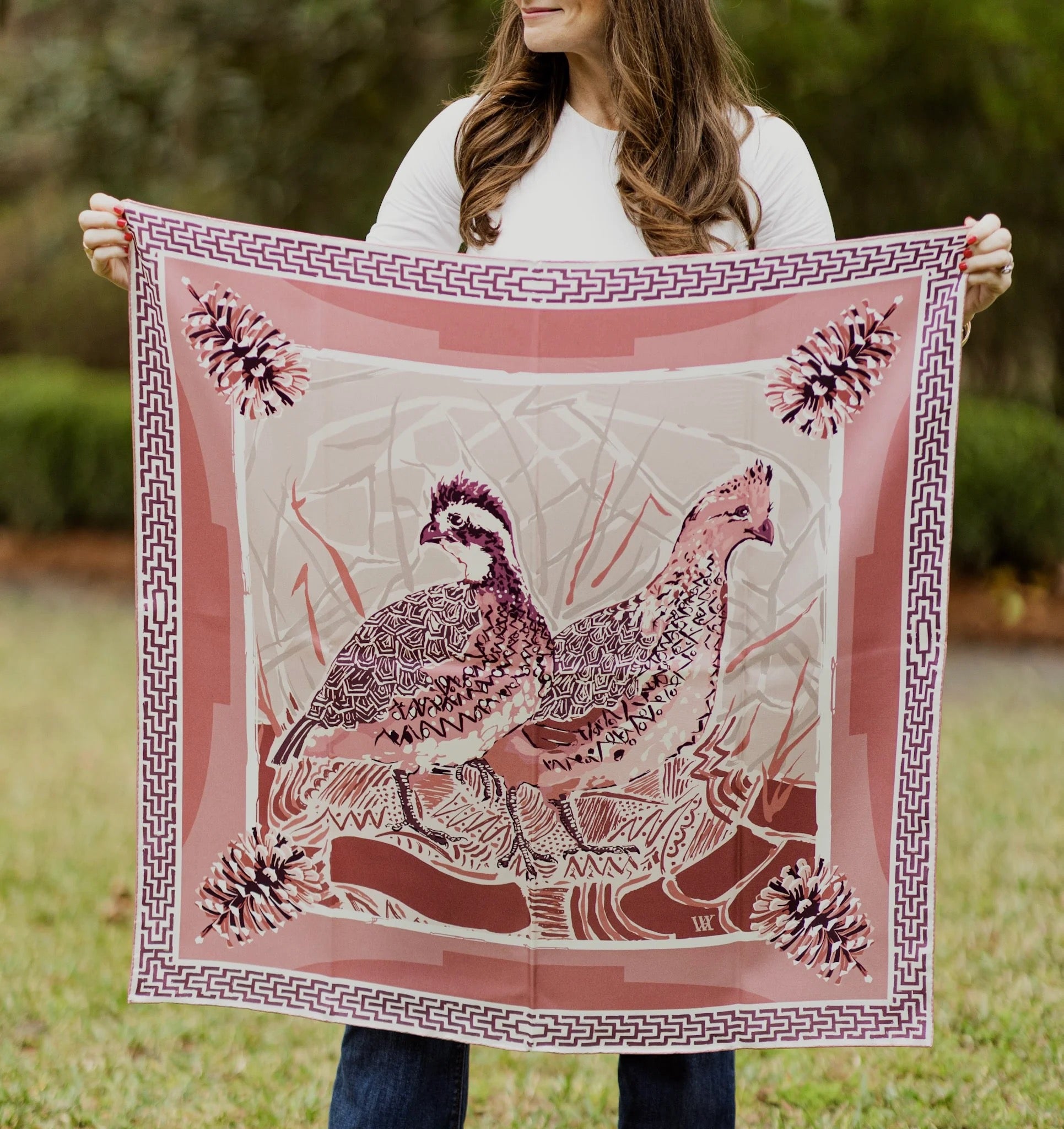 Dusty Rose Quail Pair - Double-Sided Silk Scarf