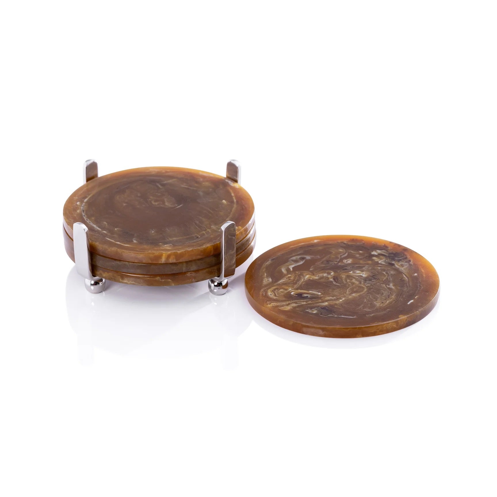 Spiga Set of 4 Coasters on Stand - Nickel with Amber Accent