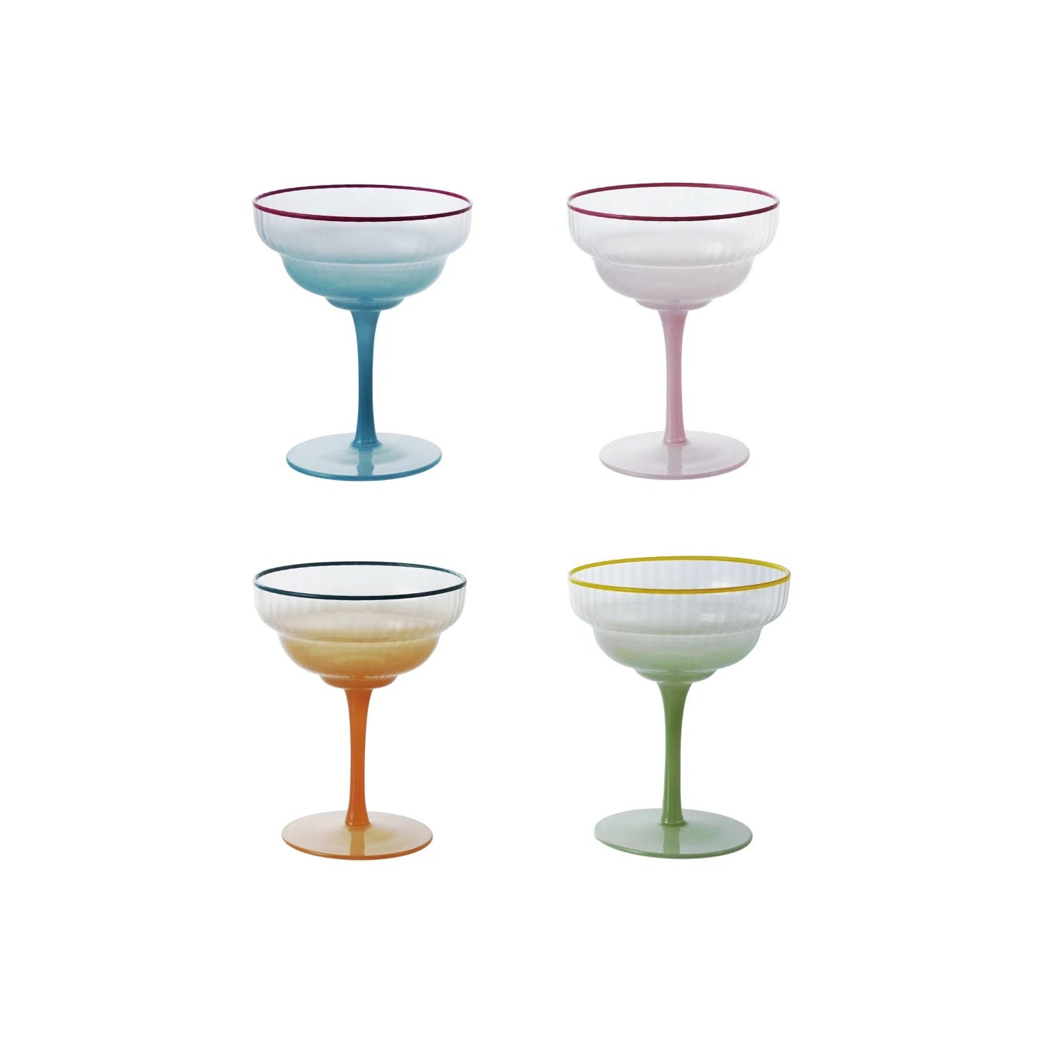 4 oz. Fluted Stemmed Coupe Glass with Colored Rim, 4 Ombre Colors