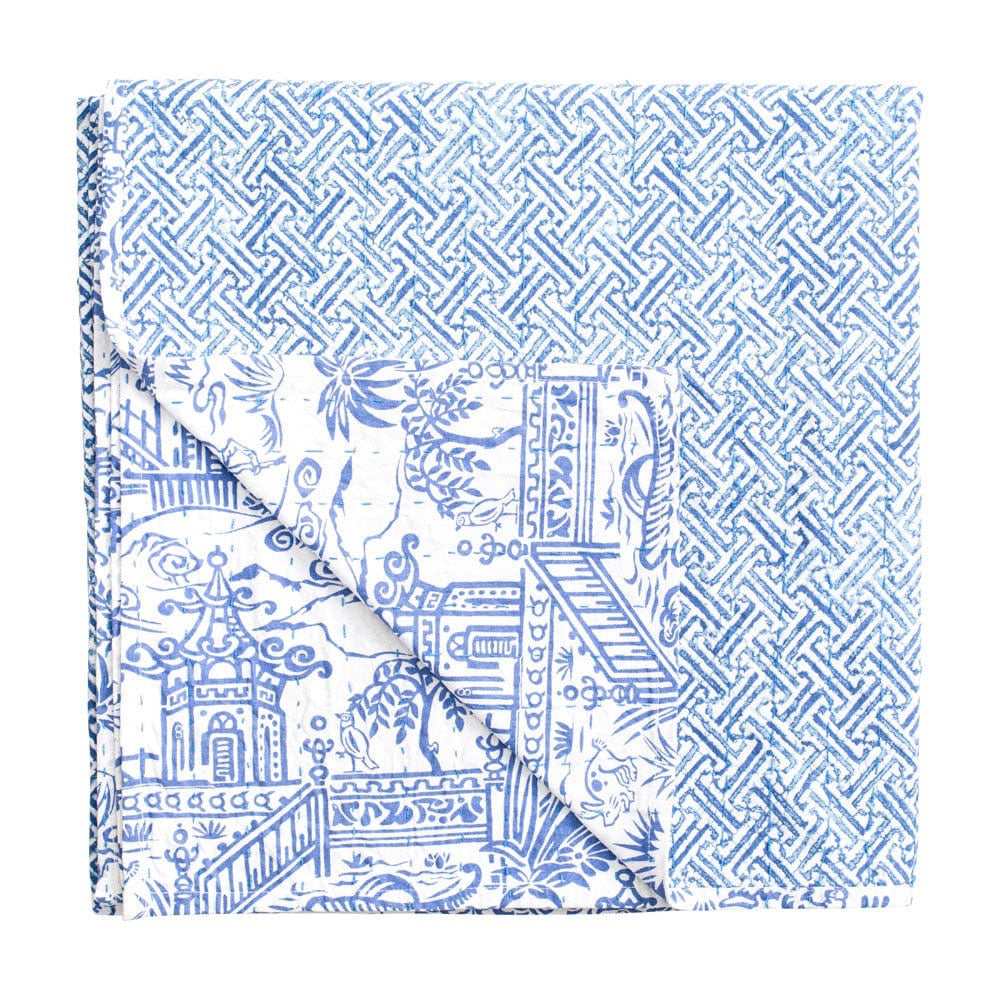 Reversible Kantha Table Cover in Blue & White Pagoda Toile