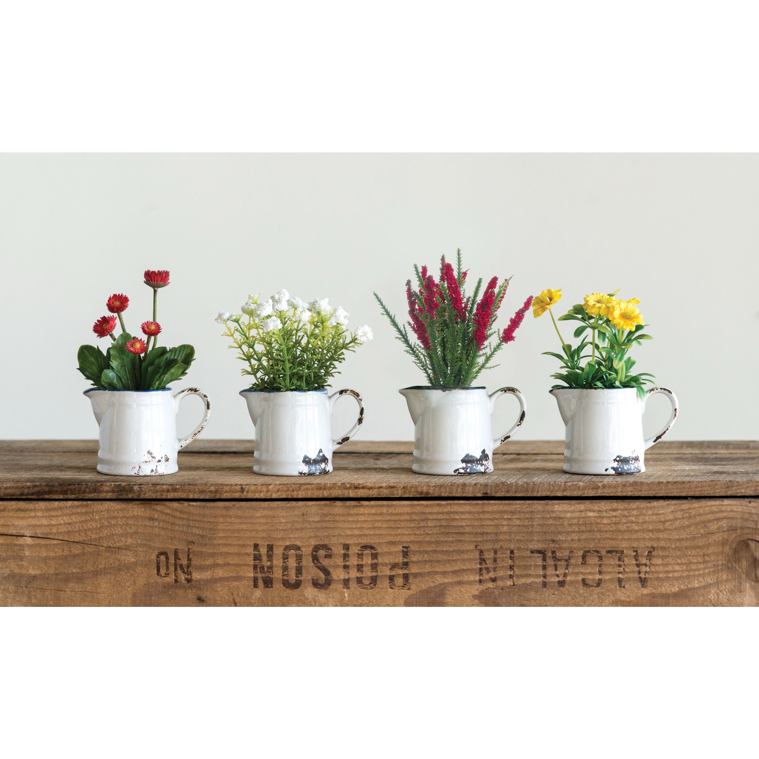 Faux Flowers in Distressed Pitcher, 4 Styles