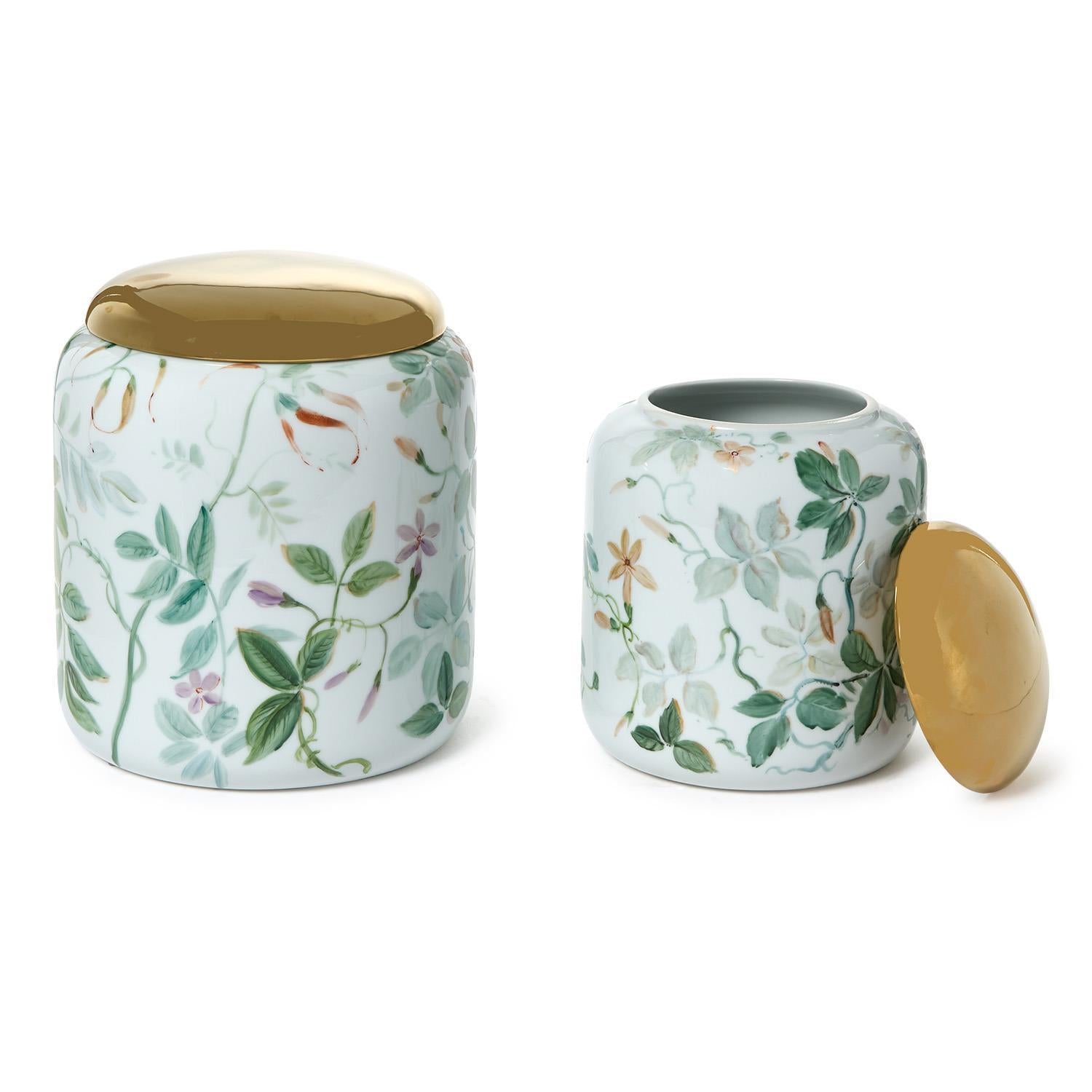 Botanica Round Covered Jars with Golden Metallic Lid - Porcelain