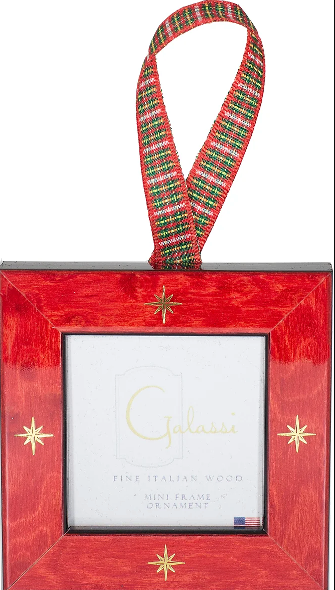 Galassi ornament - Red Burl, Gold Star, Plaid Ribbon