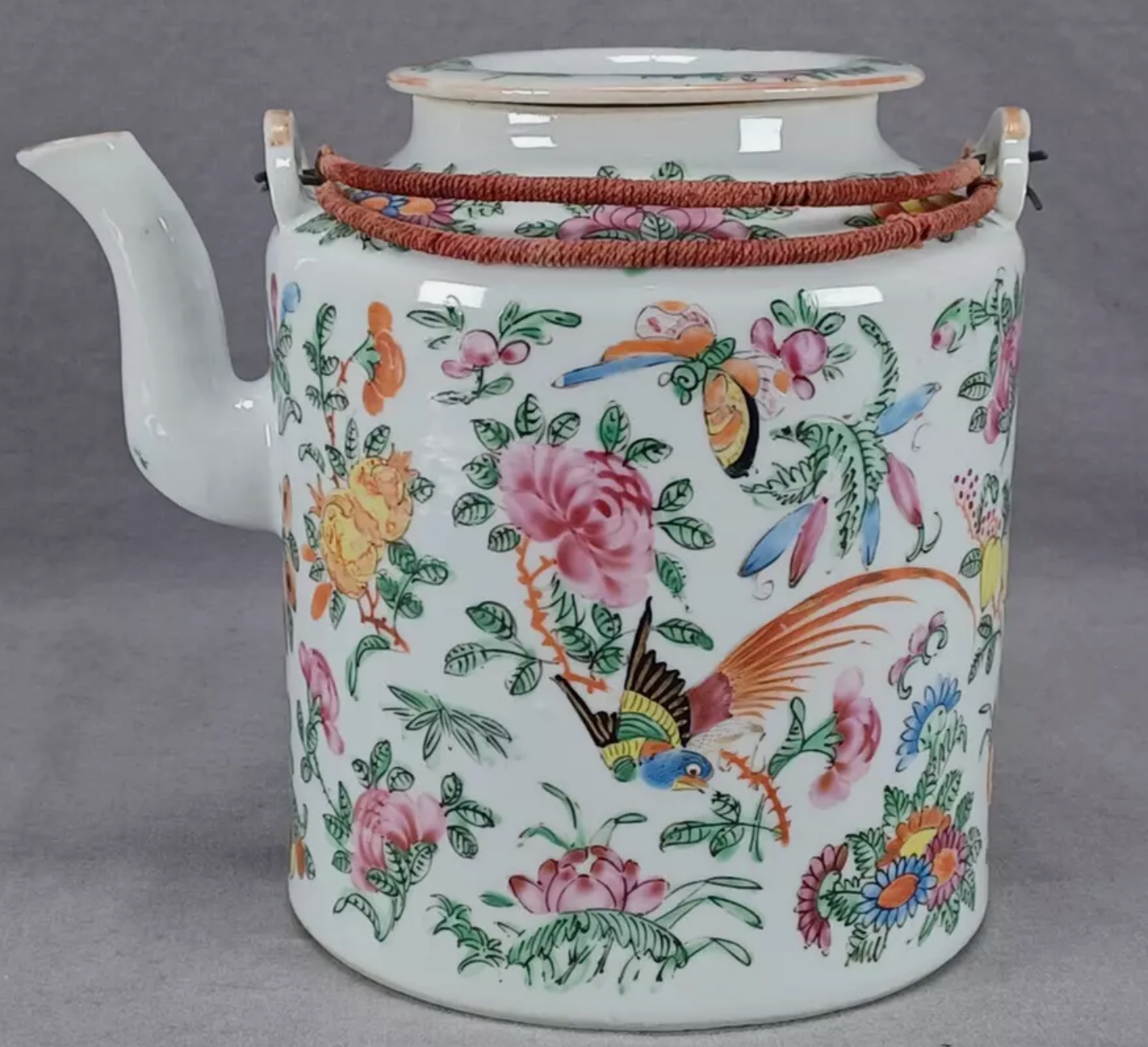 19th Century Chinese Rose Bird & Butterfly Teapot