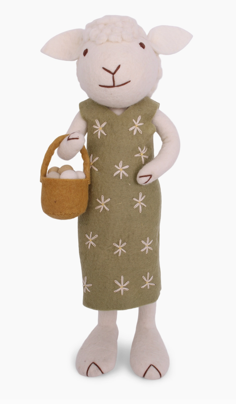 X-Large White Sheep w/Green Dress & Egg Basket