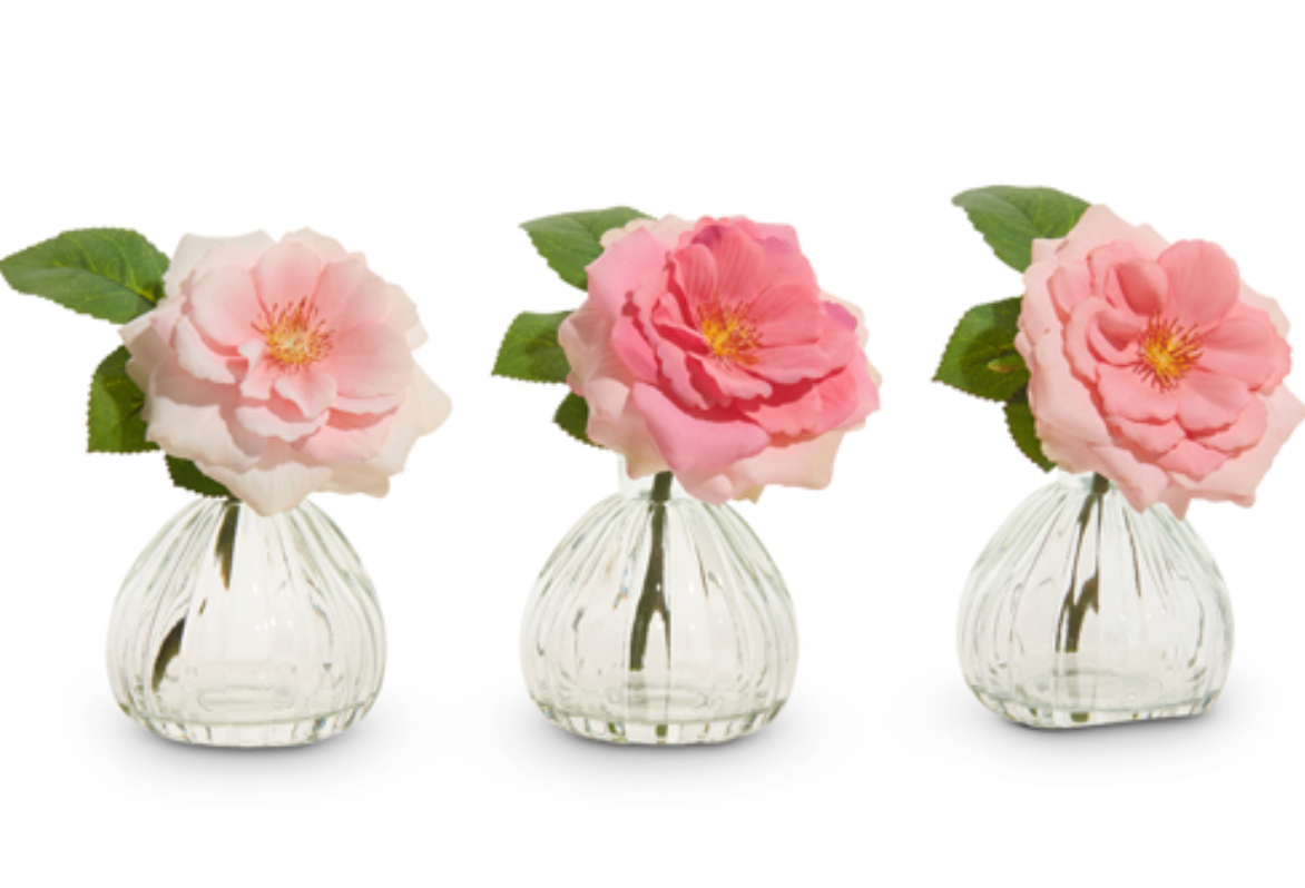 6.5" Pink Rose Stem in Glass Vase