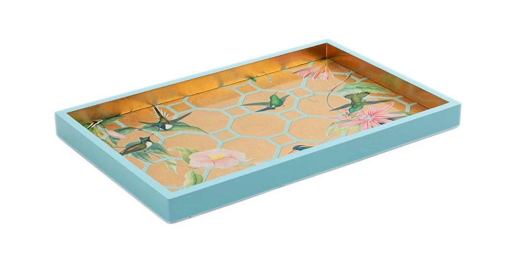 Hummingbird Trellis Lacquer Vanity Tray in Gold