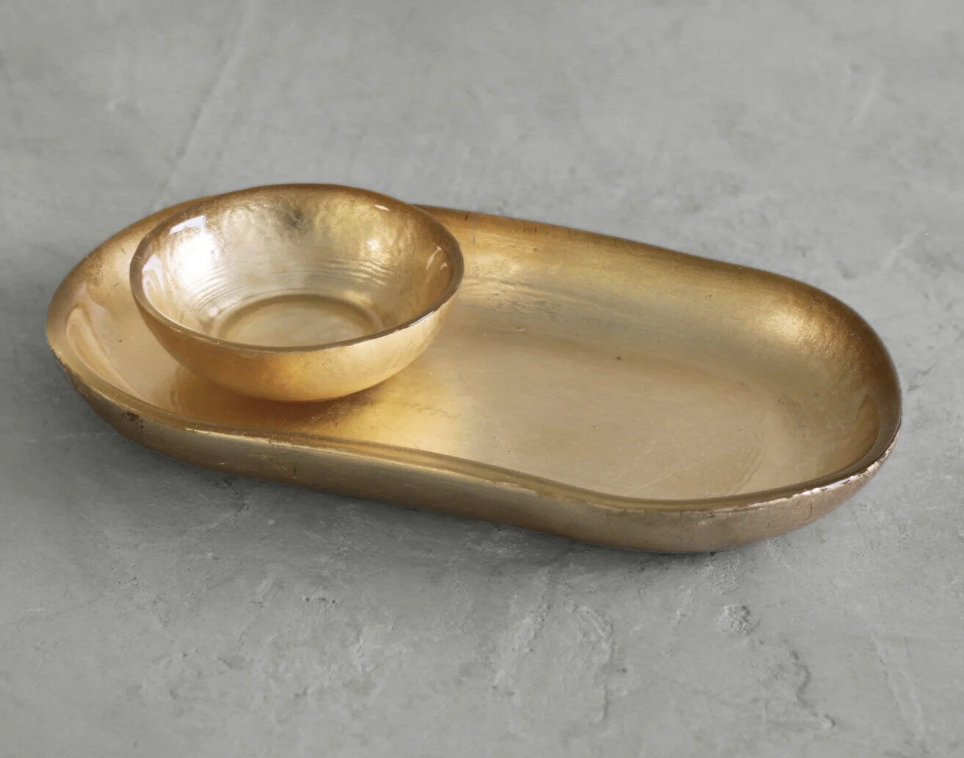 Small Oval Foil Leafing Platter with Mini Bowl (Gold)