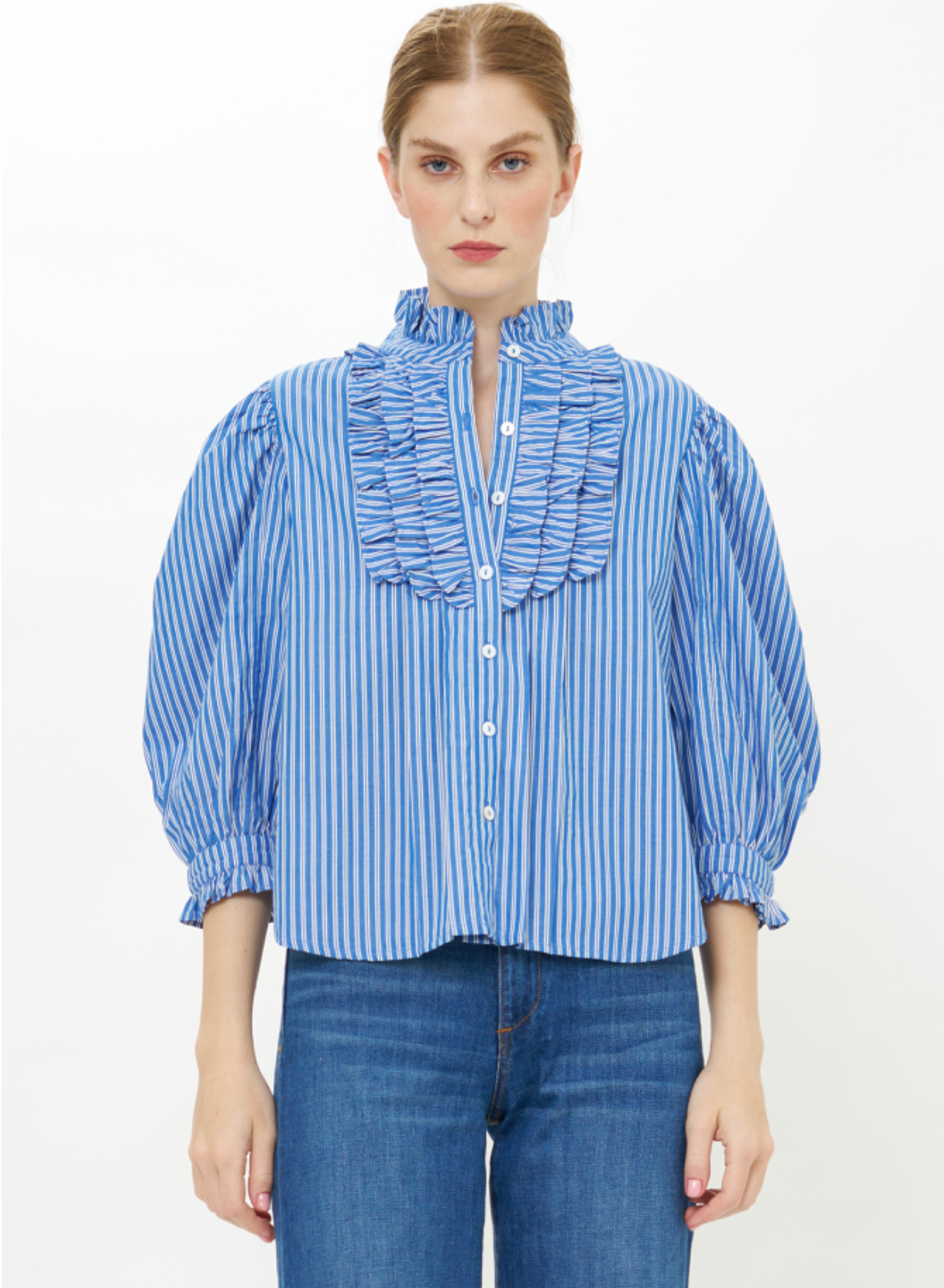 Oliphant Ruffle Front Button Blouse- Devon Blue