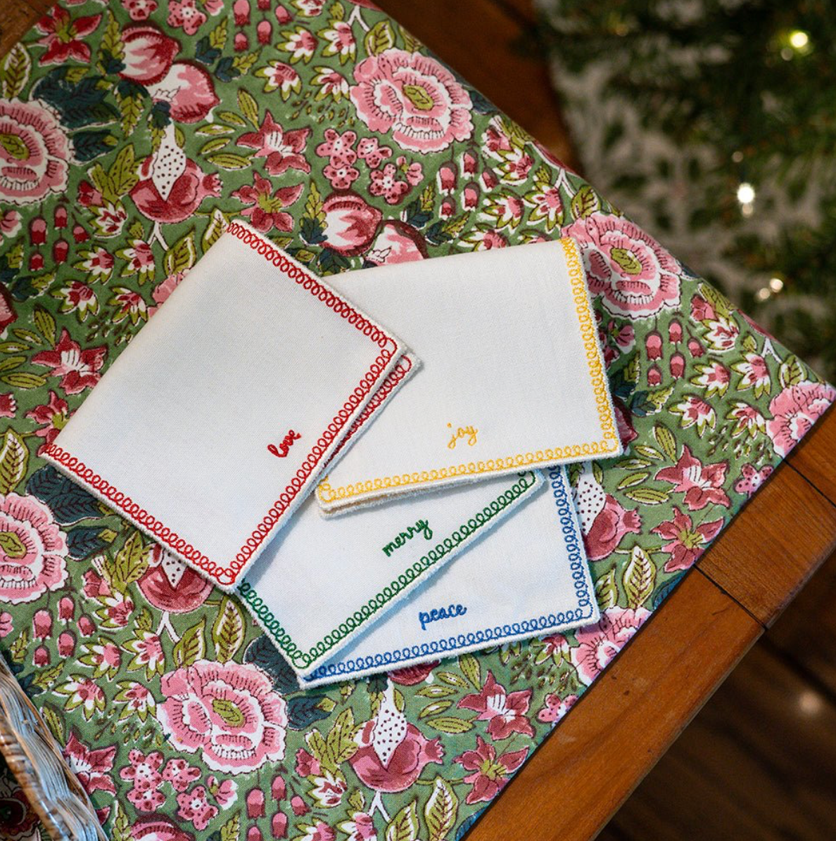 Holiday Greetings Embroidered Cocktail Napkins | Set of 4
