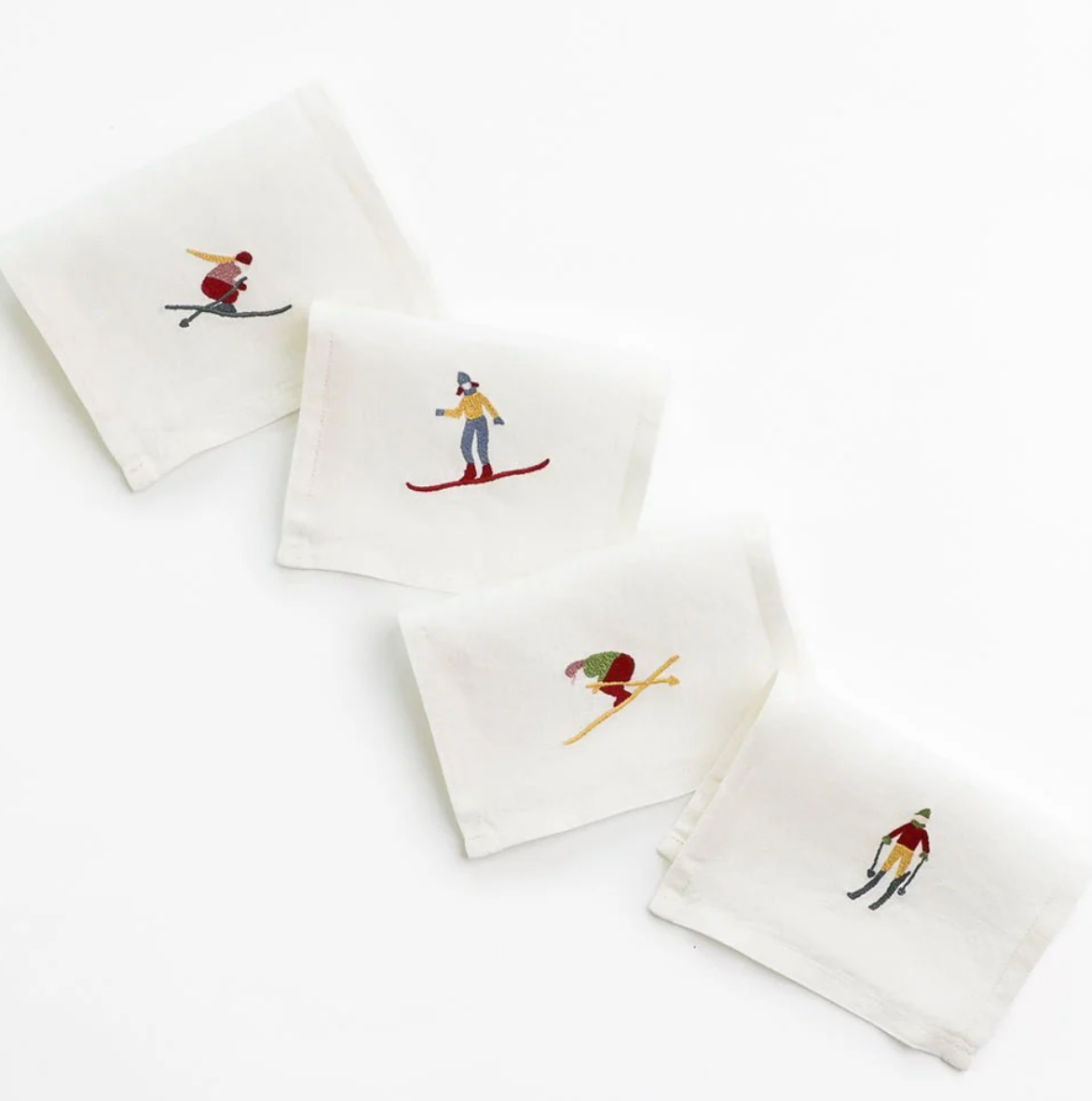 Skiers Embroidered Linen Cocktail Napkin | Set of 4