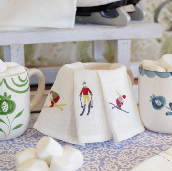 Skiers Embroidered Linen Cocktail Napkin | Set of 4