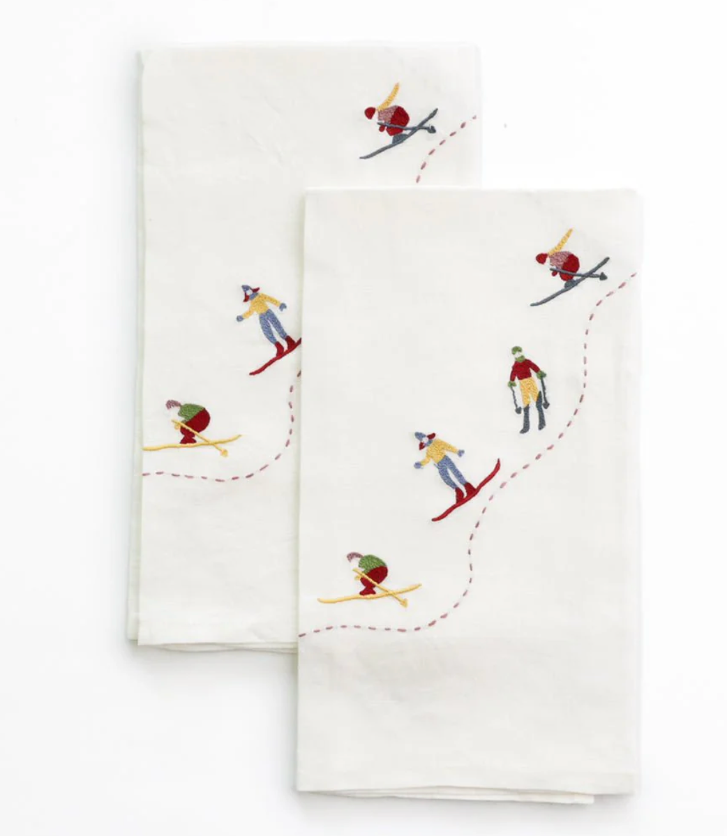 Skiers Embroidered Linen Tea Towels