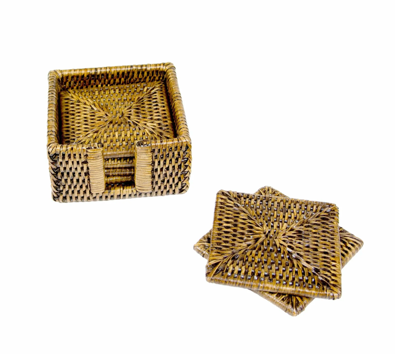 Rattan Square Coaster and Holder Set in Honey