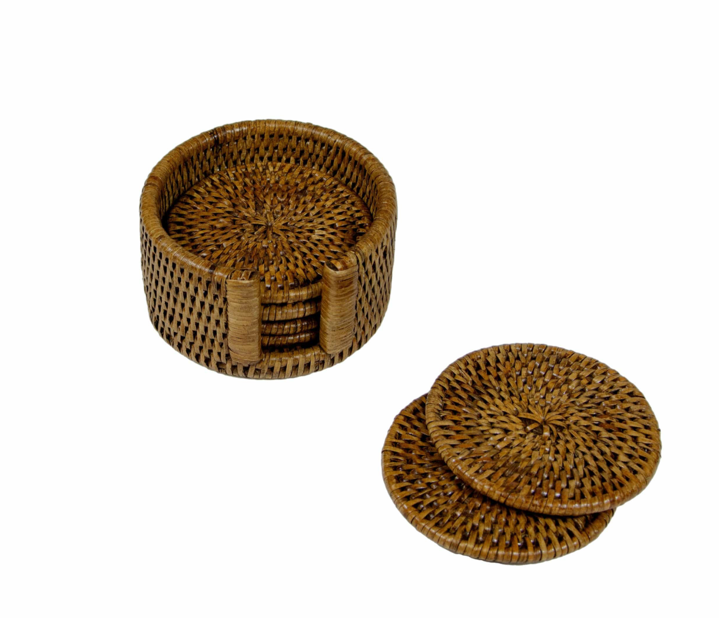 Rattan Round Coaster and Holder Set in Natural