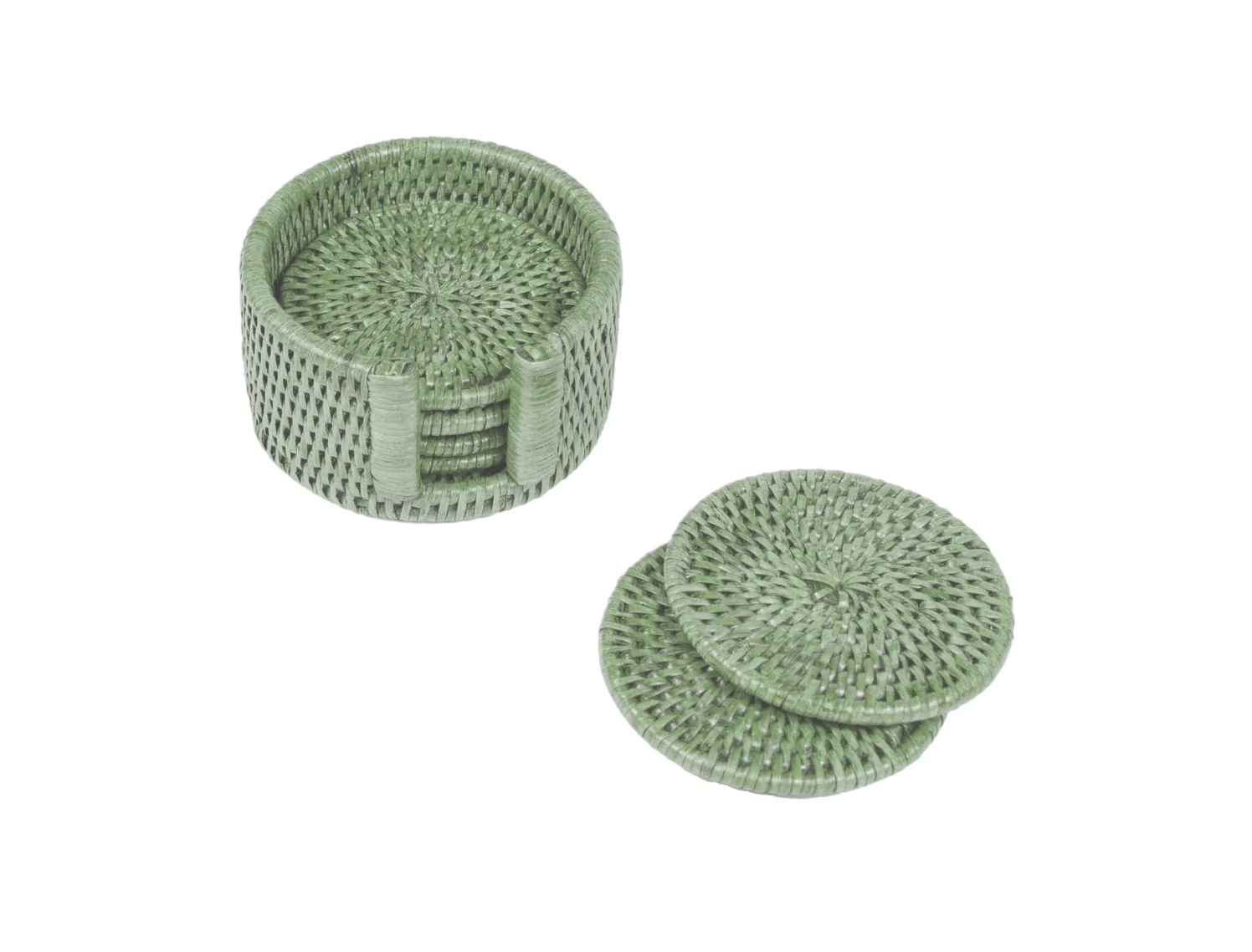 Rattan Round Coaster and Holder Set in Green