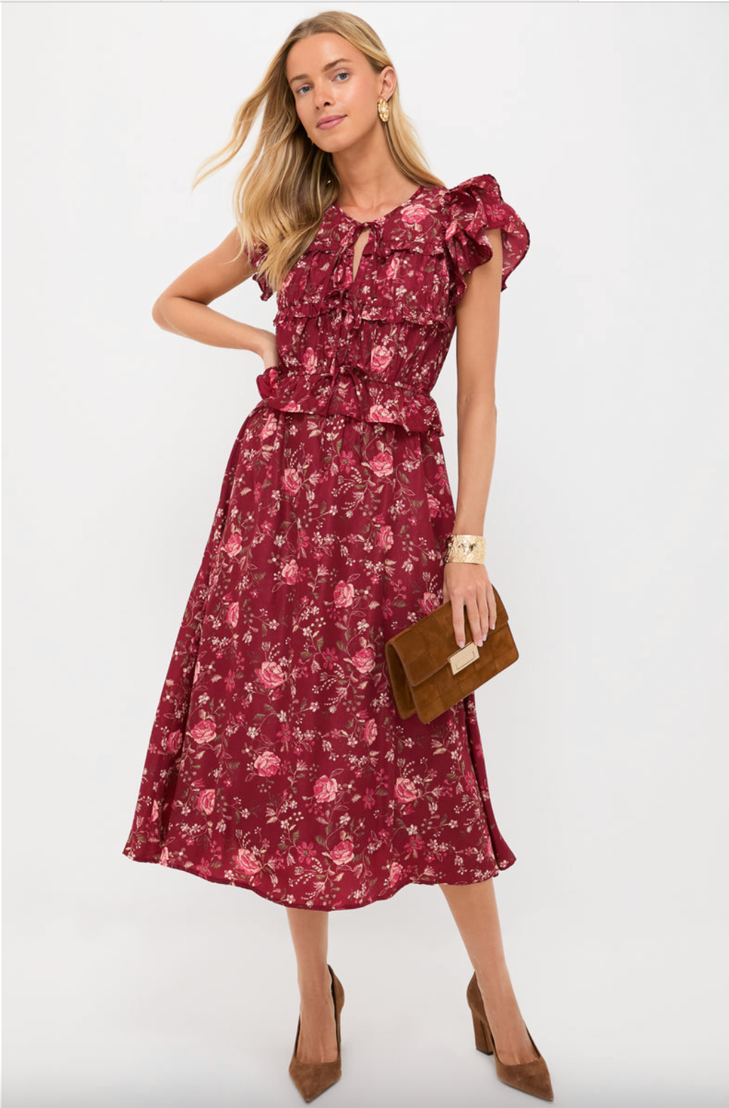 Oxblood Multi Floral Midi Dress