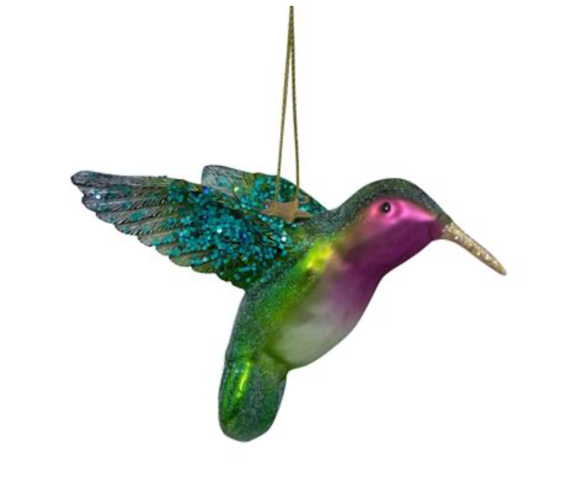 Ornament glass green/purple hummingbird