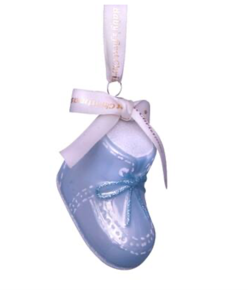 Ornament glass blue baby's first Christmas shoe