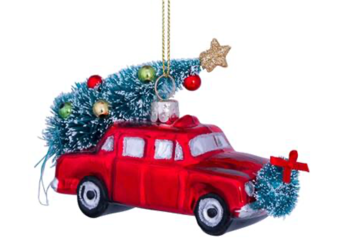 Ornament glass red car w/christmas tree