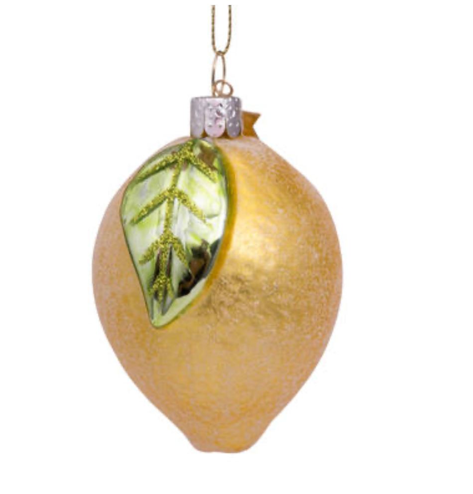 Ornament glass yellow lemon w/leaf