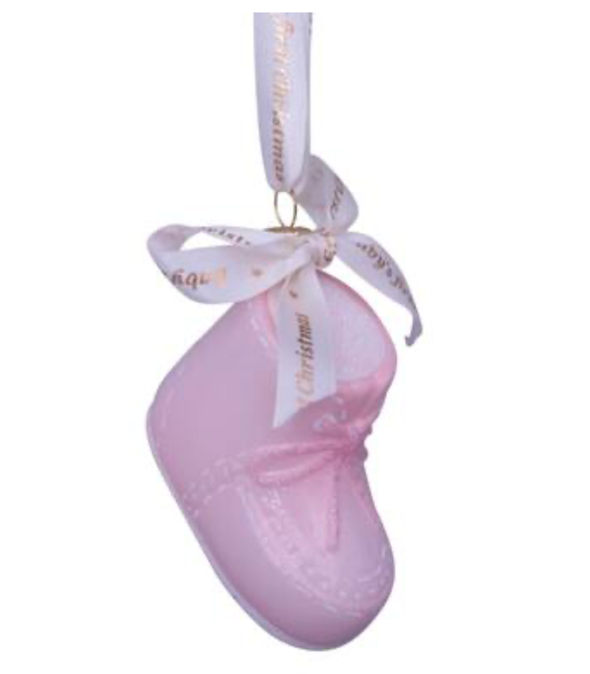 Ornament glass pink baby's first Christmas shoe