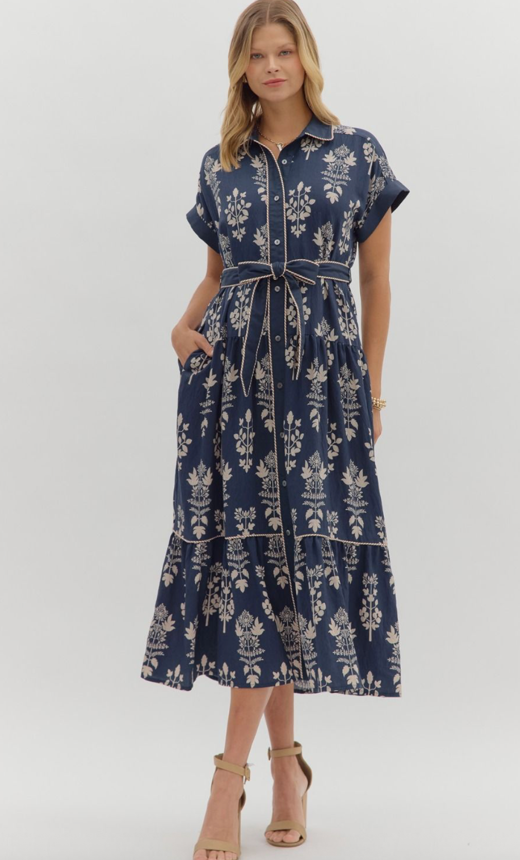 Navy faux roll-up sleeve band midi dress