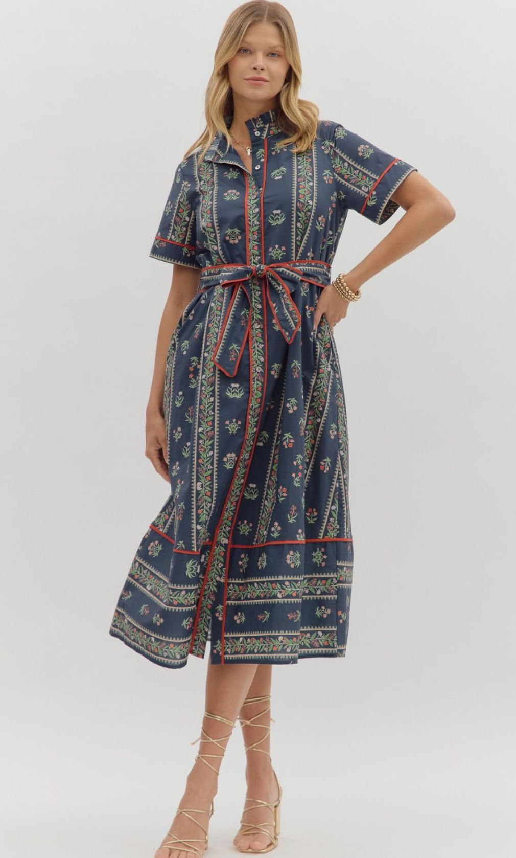 floral pattern short short sleeve pleated ruffle neck midi dress