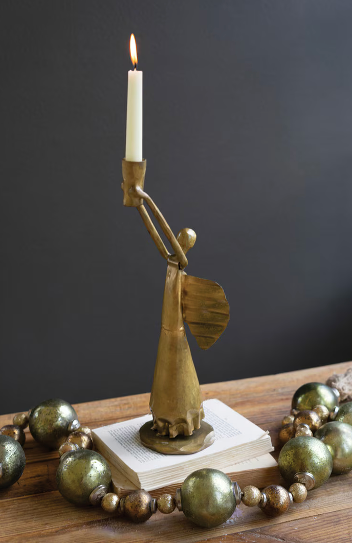 Antique Gold Metal Christmas Angel Taper Candle Holder