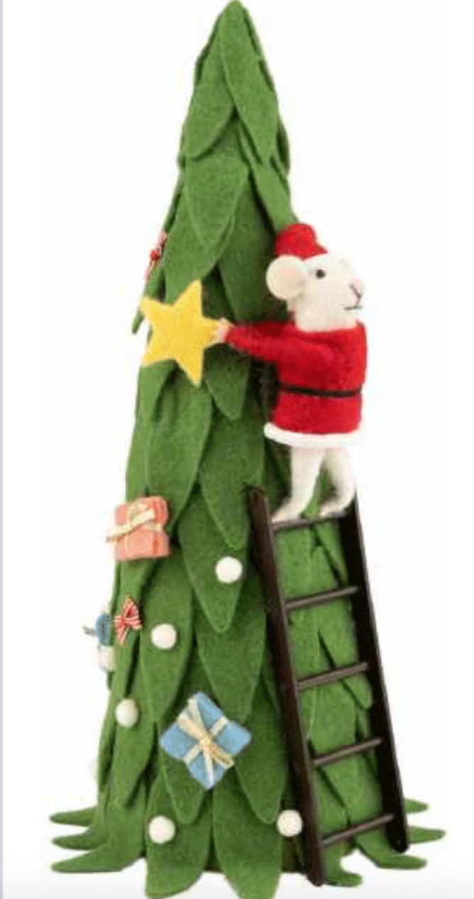 felt mouse climbing a Christmas tree