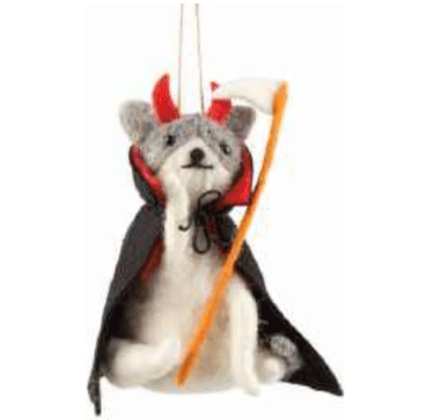 white felt dog in devil costume ornament