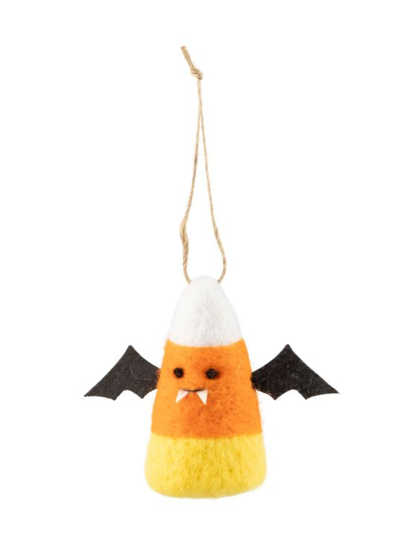 Felt candy corn ornament with bat wings and fangs